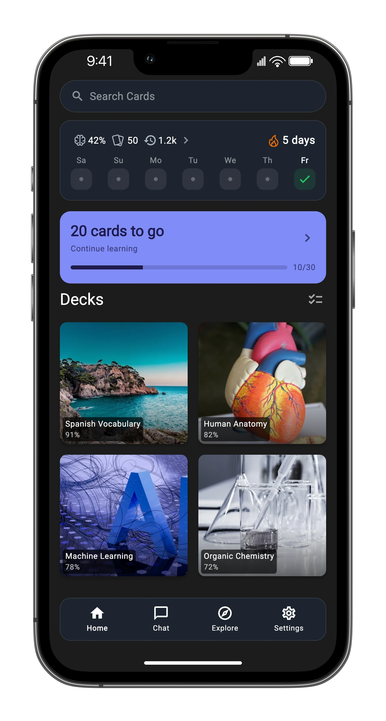 Space home: 5-day learning streak, daily goal 10 of 30 cards, deck list below.